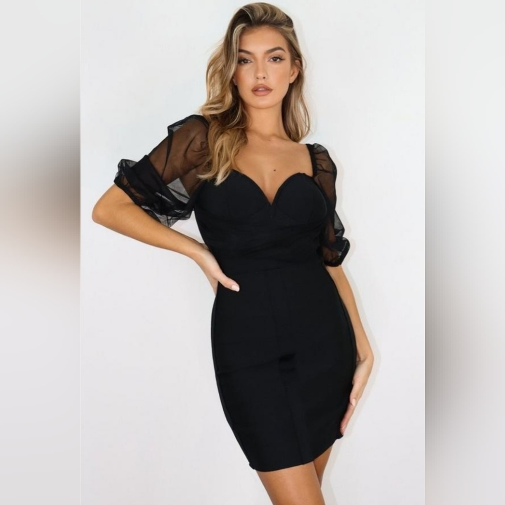 🆕️NWT🔥Missguided Black Bandage Mini Dress W/ Sheer Sleeves✨️Size 8